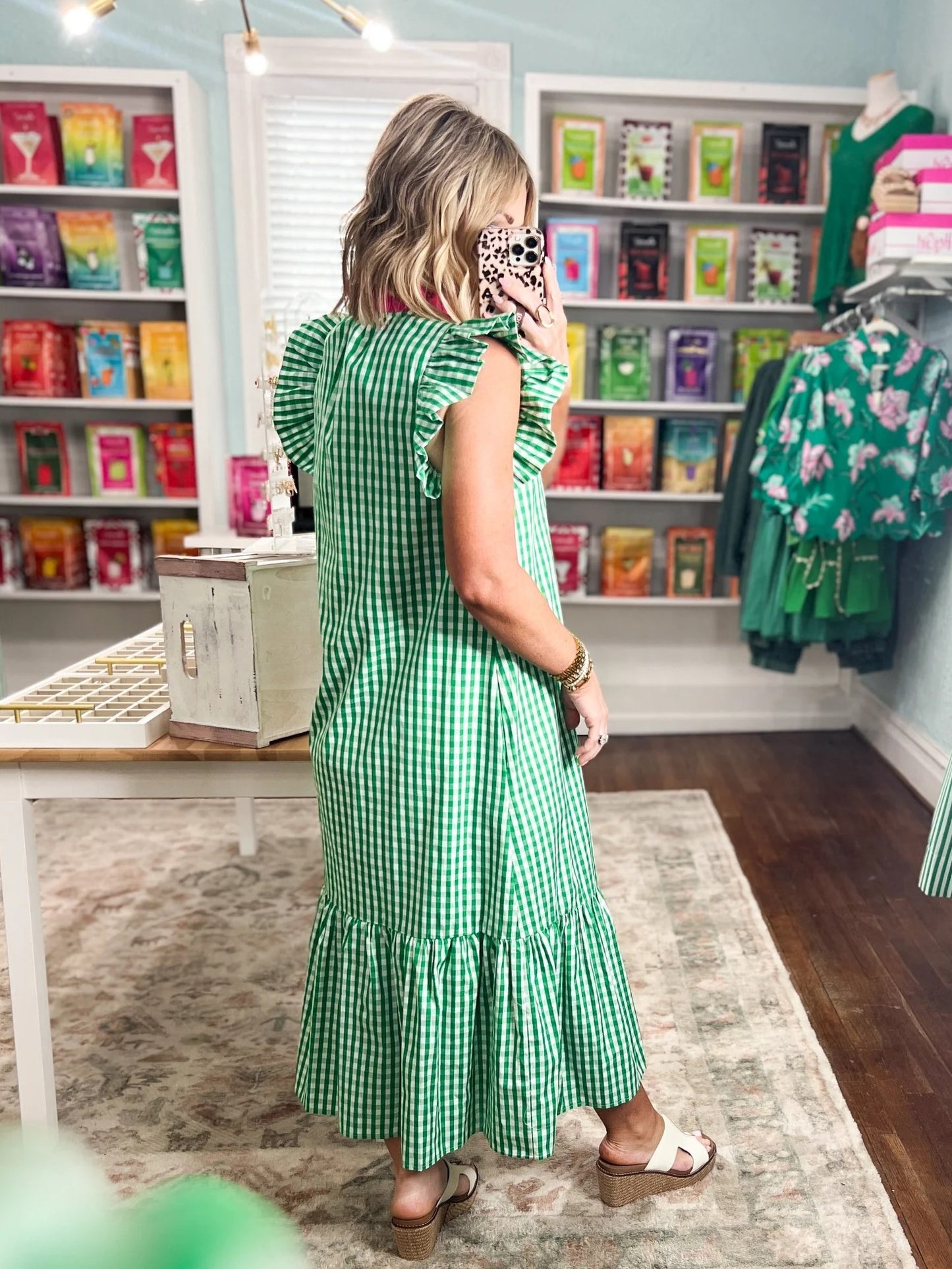 Women's Gingham Ruffle Sleeve Midi Dress