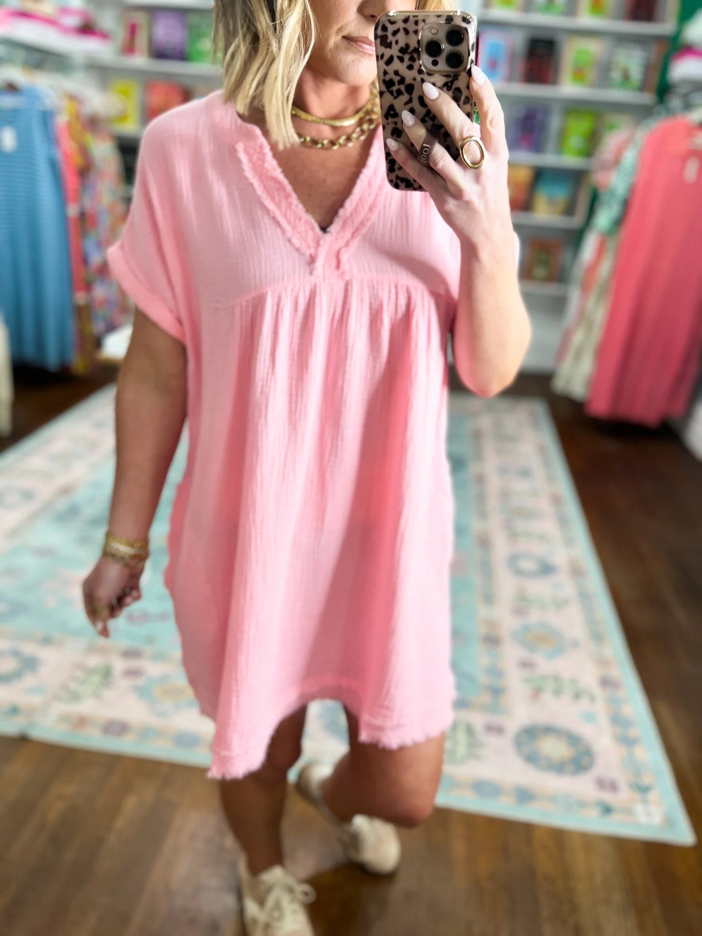 Women's V Neck Babydoll Dress with Frayed Trim