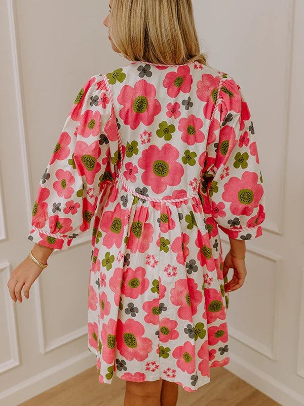 Women's Vibrant Floral Print Tied Waist Dress with Pockets