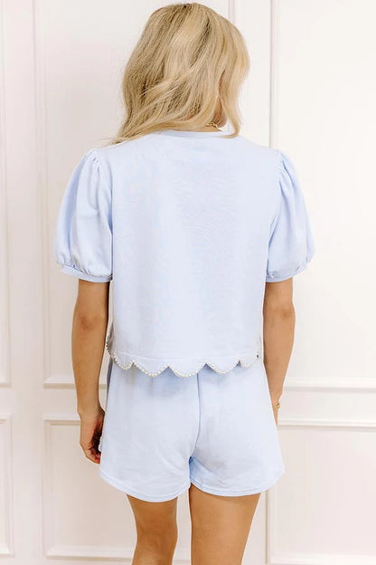 Women's Puff Sleeve Scallop Hem Two-Piece Set