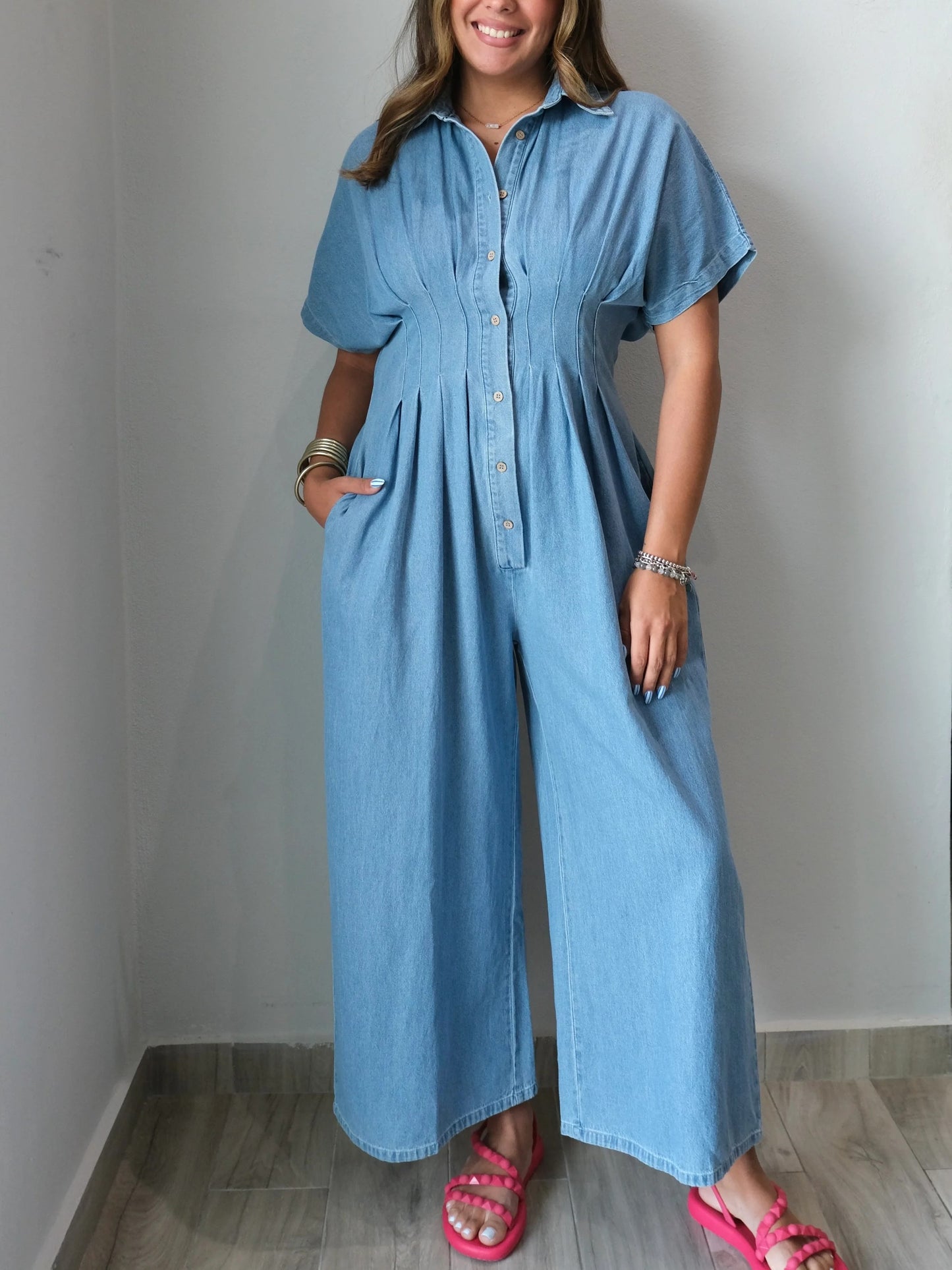 Women's Vintage Denim Collared Wide Leg Romper