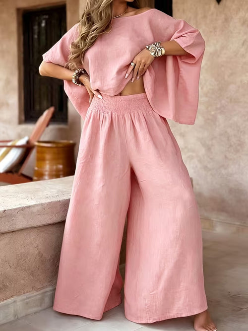 Women's Off Shoulder Batwing Top Wide Leg Pants Outfit