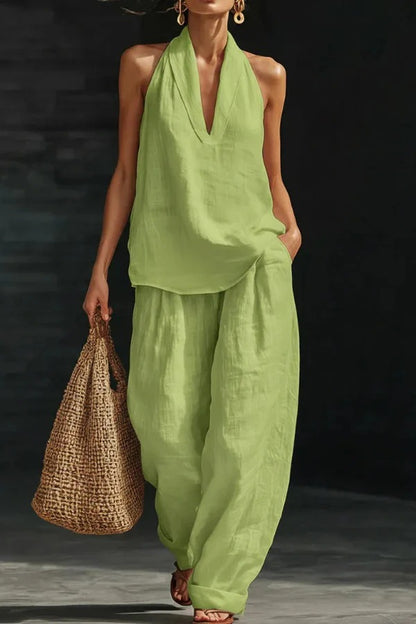 Women's Linen Halter Top & Wide Leg Pants Set