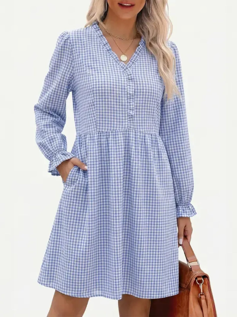 Women's Frill V Neck Plaid Long Sleeve Mini Dress