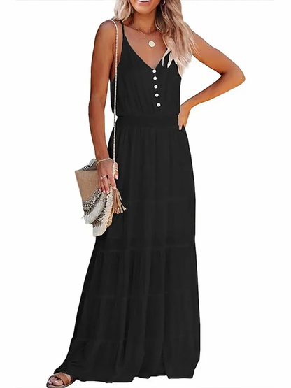 Women's Spaghetti Strap V-Neck Tiered Maxi Dress