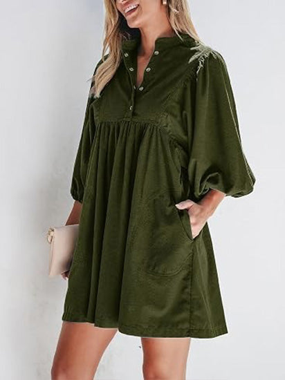 Women's Button Up Empire Waist Corduroy Dress