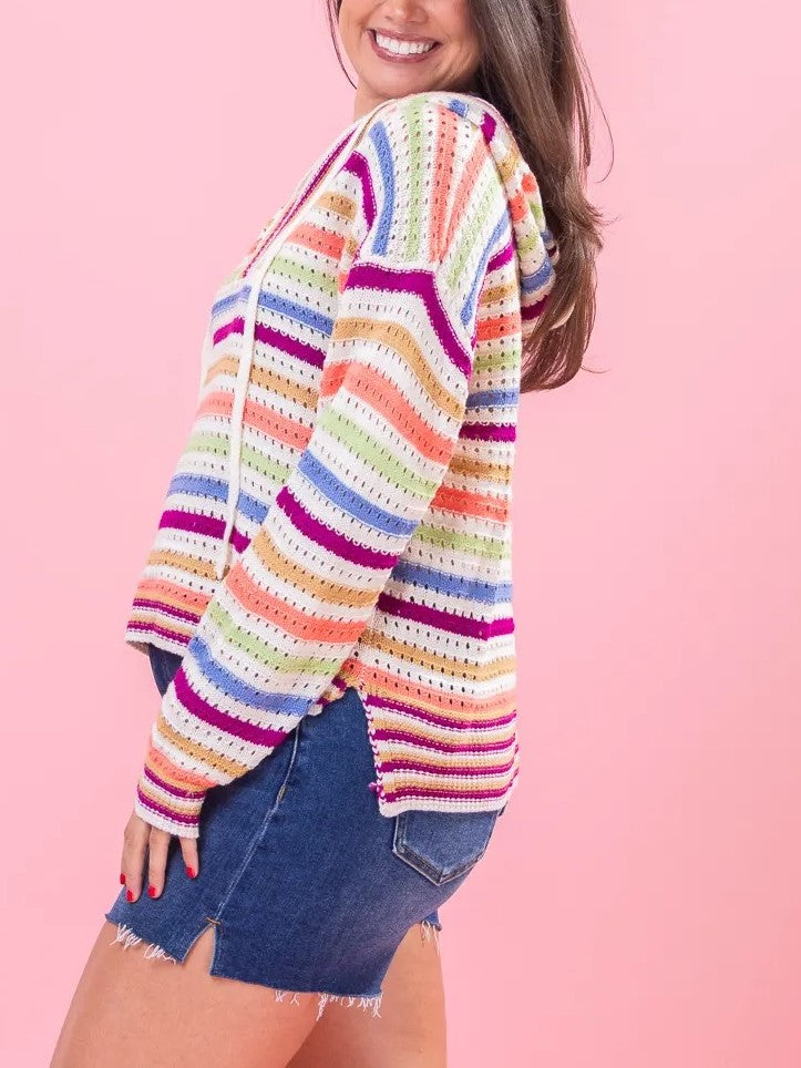 Women's Striped Hollow Knit Hooded Top