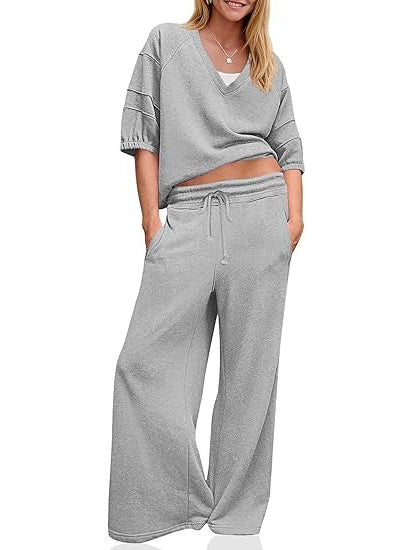 Women's 2 Piece Casual V-Neck Wide Leg Outfit