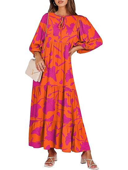 Women's Puff Sleeve Smocked Ruffle Boho Maxi Dress