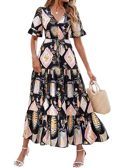 Women's Spring Casual Floral Print Tiered Maxi Dress