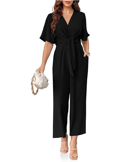 Women's Chic Tie-Front V-Neck Short Sleeve Jumpsuit