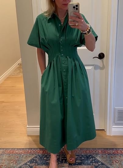Women's Button Down Pleated Waist Shirt Dress