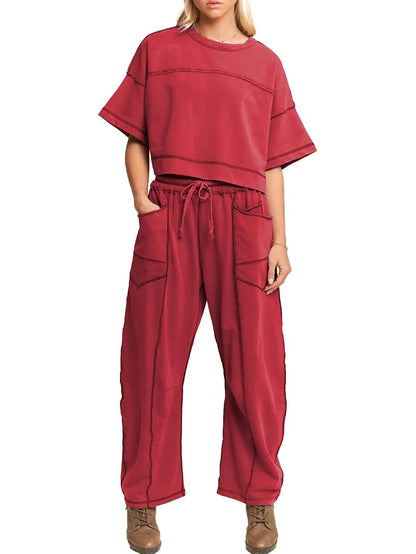 Women's Two Piece Sweatsuit Set with Cropped Top and Wide Leg Pants