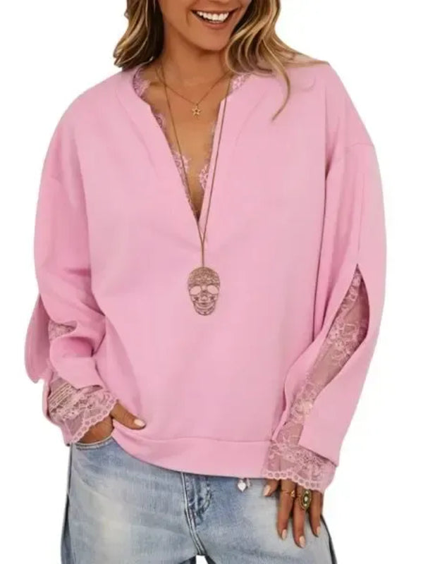 Women's Lace Patchwork Mock 2 Piece V Neck Top