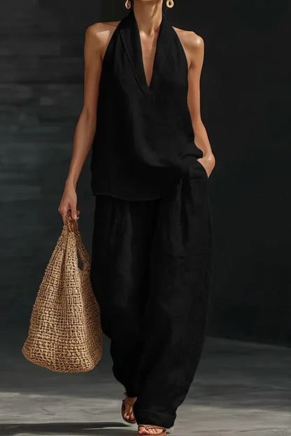 Women's Linen Halter Top & Wide Leg Pants Set