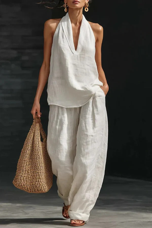 Women's Linen Halter Top & Wide Leg Pants Set