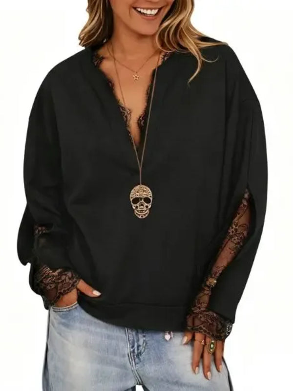 Women's Lace Patchwork Mock 2 Piece V Neck Top