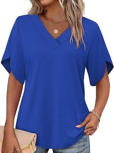 Women's V Neck Petal Short Sleeve Tops