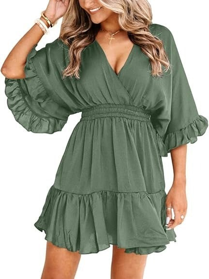 Women's Flowy V-Neck Ruffle Hem Mini Dress