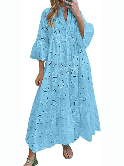 Women's 2026 Lace Eyelet Maxi Dress with Pockets