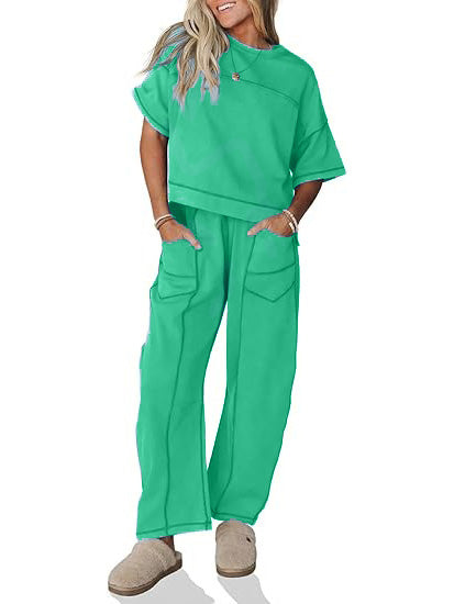 Women's Two Piece Sweatsuit Set with Cropped Top and Wide Leg Pants