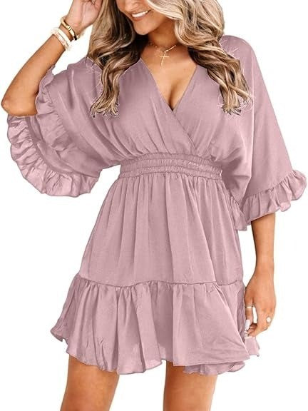 Women's Flowy V-Neck Ruffle Hem Mini Dress