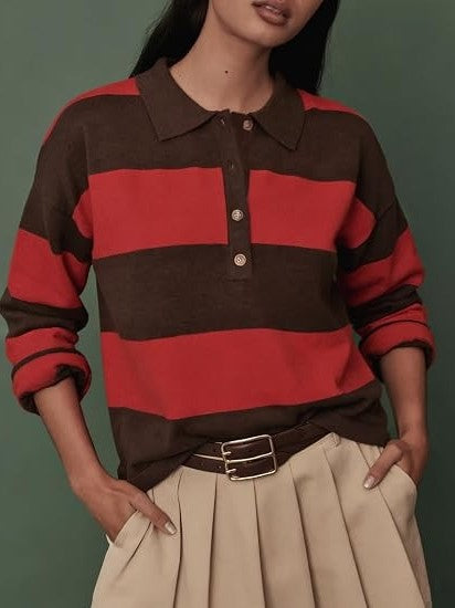 Women's Striped Button Knit Polo Shirt