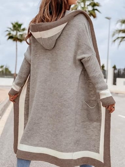 Women's Color Block Hooded Long Cardigan