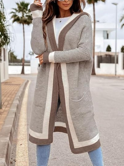 Women's Color Block Hooded Long Cardigan