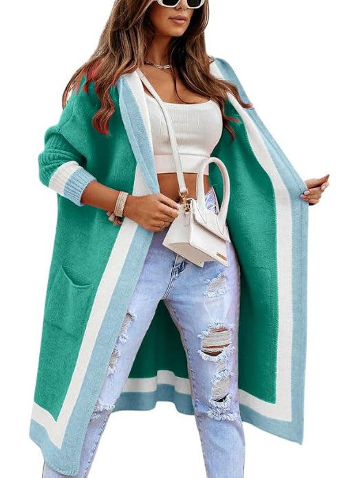 Women's Color Block Hooded Long Cardigan