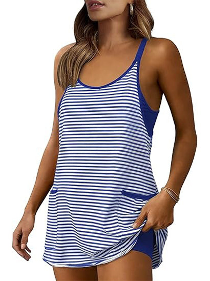 Women's Striped Athletic Mini Dress with Built-in Shorts