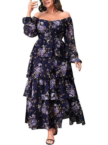 Women's Plus Size Off Shoulder Floral Ruffle Maxi Dress