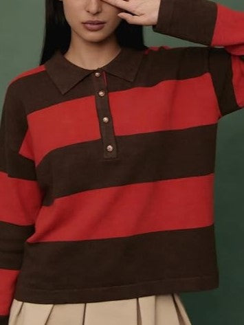 Women's Striped Button Knit Polo Shirt