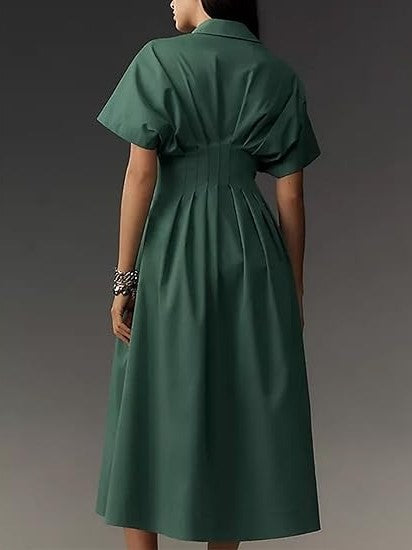 Women's Button Down Pleated Waist Shirt Dress