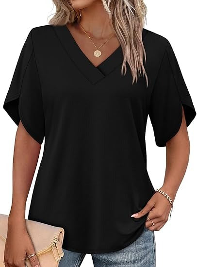 Women's V Neck Petal Short Sleeve Tops