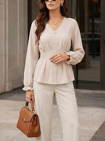 Women's Fitted V Neck Button Long Sleeve Solid Color Blouse