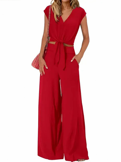 Summer Casual V-Neck Tie Waist 2 Piece Outfit