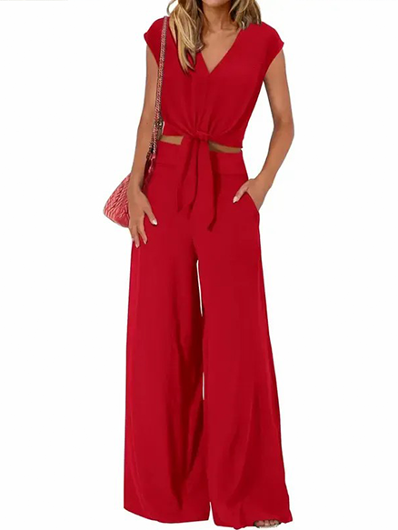 Summer Casual V-Neck Tie Waist 2 Piece Outfit
