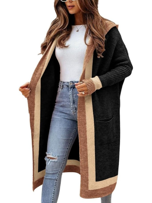 Women's Color Block Hooded Long Cardigan
