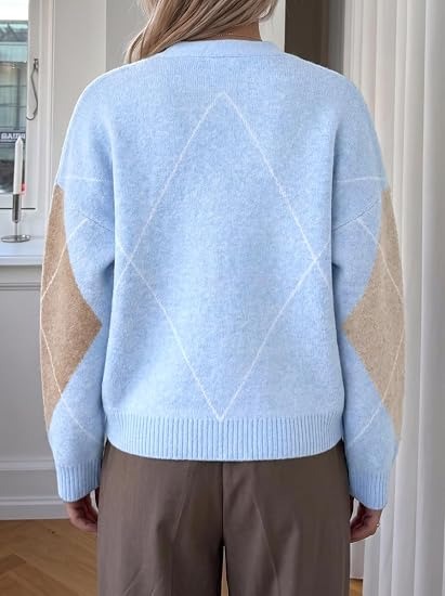 Women's Argyle Color Block V Neck Cardigan