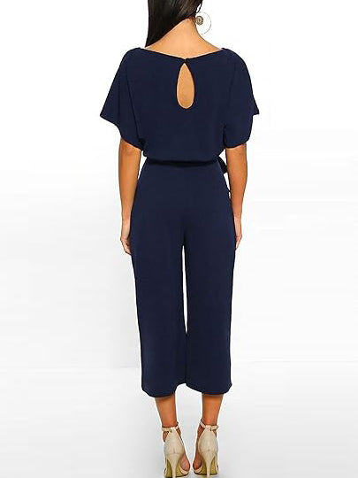 Women's Boat Neck Batwing Sleeve Tie Waist Jumpsuit