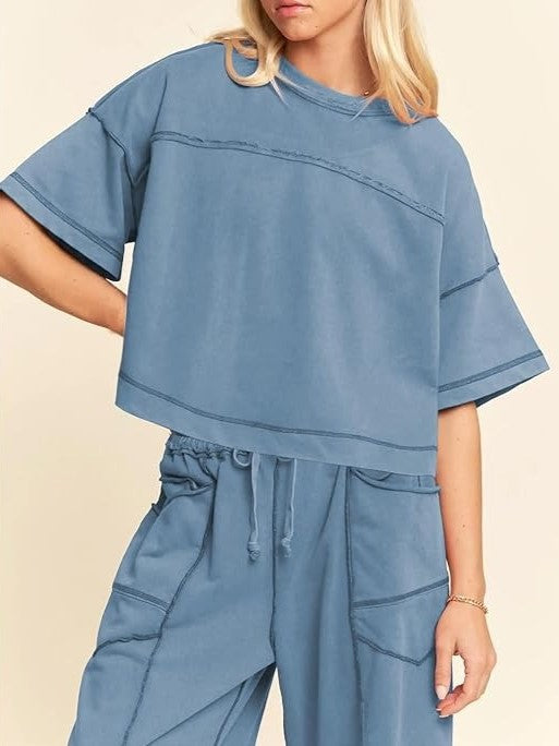 Women's Two Piece Sweatsuit Set with Cropped Top and Wide Leg Pants