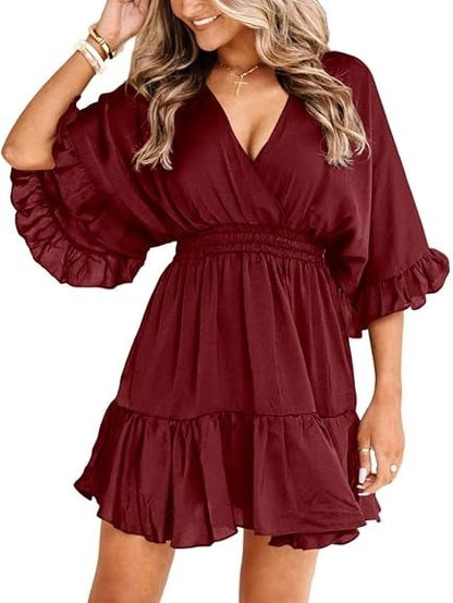 Women's Flowy V-Neck Ruffle Hem Mini Dress