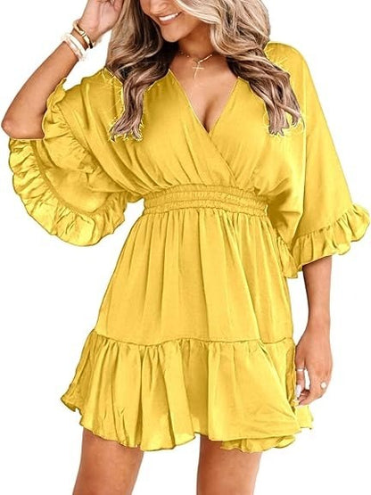 Women's Flowy V-Neck Ruffle Hem Mini Dress