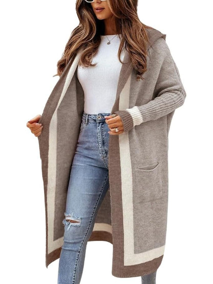 Women's Color Block Hooded Long Cardigan