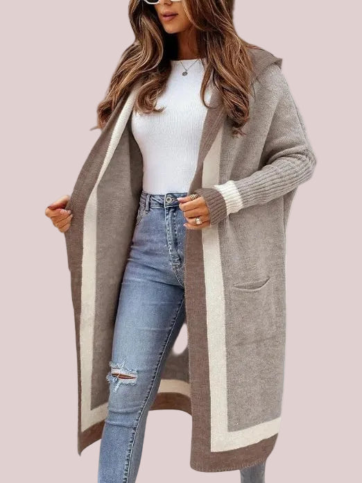 Women's Color Block Hooded Long Cardigan
