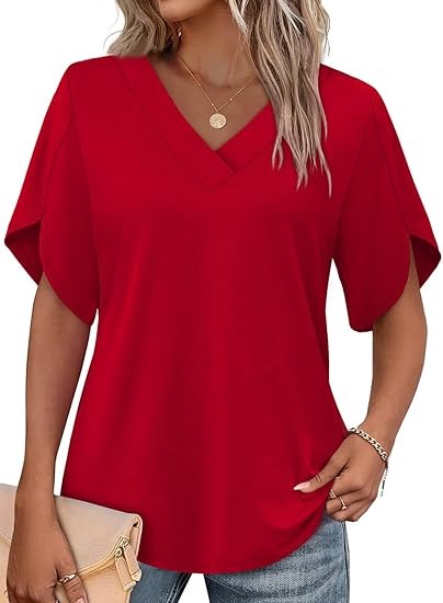 Women's V Neck Petal Short Sleeve Tops