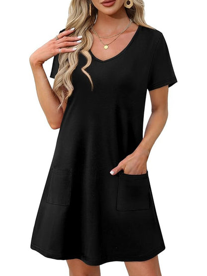 Women's Solid Color V Neck Dress with Two Pockets