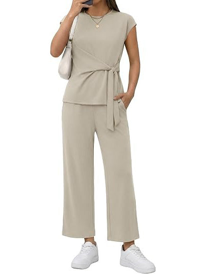 Women's Casual Cap Sleeve Wrap Waist Matching Set
