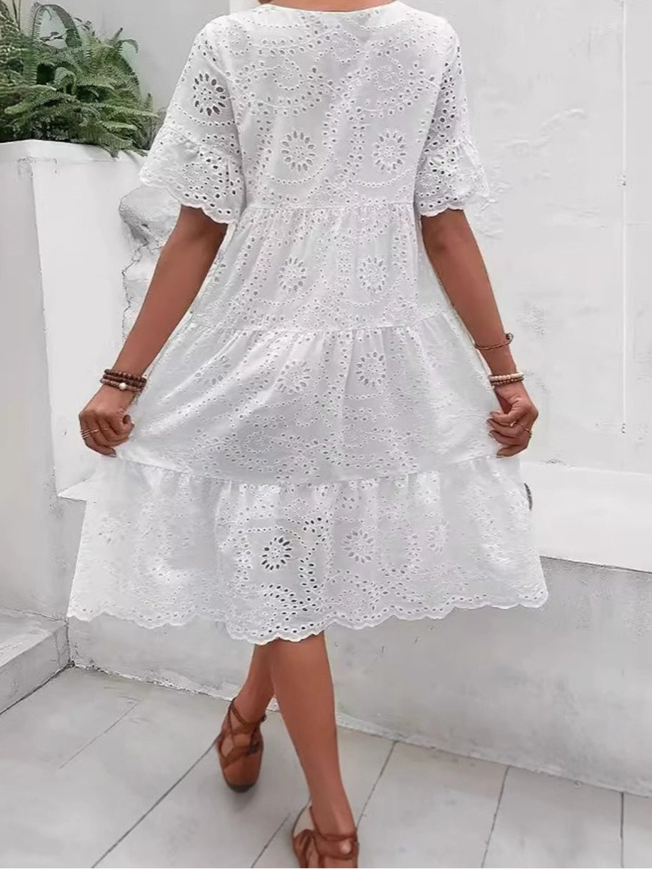 Eyelet Flutter Sleeve Tiered Midi Dress